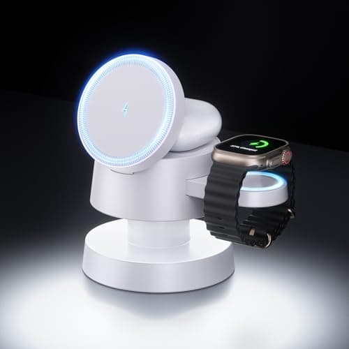 Kcuskl 4 in 1 Magnetic Wireless Charging Station,15W Fast Charging with Night Light for MagSafe Charger Stand,3 in 1 Wireless Charger for iPhone 17/16/15/14/13 Pro Max,Apple Watch & AirPods,White