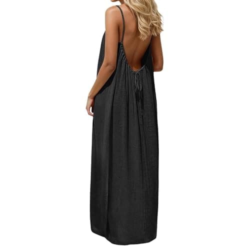 EEZCP Women's Cotton Linen Backless Loose Dress, Womens Summer Casual Sleeveless Backless Cami Dress Open Low Back Beach (Black,Small)