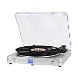 Pareiko Vinyl Reocrd Player with Bluetooth USB/SD Playback, 3-Speed Belt-Drive Turntable Bulit-in Stereo Speakers Support Aux in RCA Line Out LED Display Silver