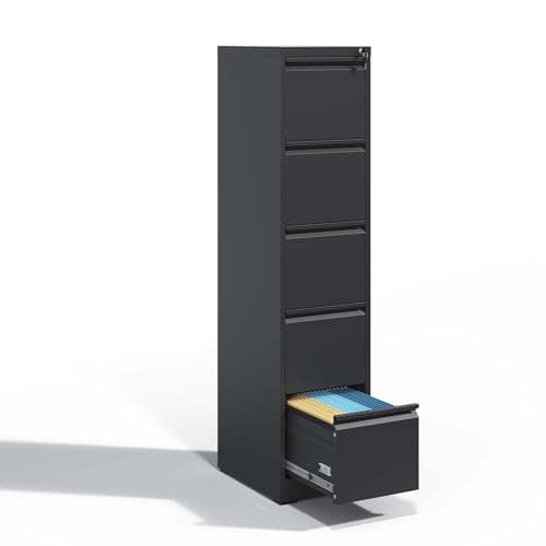 LANSEISTENJI Vertical Steel Lateral File Cabinet with Lock,Heavy Duty Filing Organization Storage Cabinets,Home Office Cabinets for Letter/Legal/F4/A4 Size (Black, 5 Drawer Vertical)