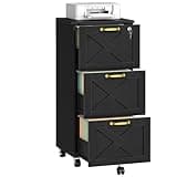 HOOBRO 3 Drawer File Cabinet with Lock, Mobile Filing Cabinet for Home Office, Wooden Farmhouse Office Storage Cabinet, Printer Stand Fits Letter and A4 Size, Black BK93WJ01