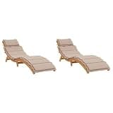 TUERYAFEK Taupe Sunlounger Set of 2 with Adjustable Backrest, Solid Acacia Wood Foldable Patio Loungers for Outdoor Use, Includes Removable Tufted Cushions