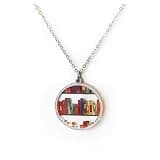 Bookcase Necklace with Book Shelves Patterned Acrylic Bezel Pendant