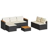 WDSAYREH 5 Piece Patio Sofa Set with Cushions Black Poly Rattan Acacia Wood Table Modular Outdoor Furniture