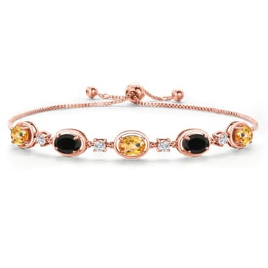 Gem Stone King 18K Rose Gold Plated Silver Yellow Citrine and Black Onyx and Moissanite Tennis Bracelet For Women | 3.58 Cttw | Gemstone November Birthstone | Oval Checkerboard 7X5MM | Fully