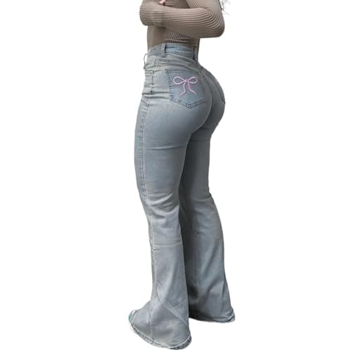 Jeans for Women High Rise Bootcut Denim Pants Cute Back Pocket Embroidery Slimming Silhouette Elegant Evening Outfit Light Blue