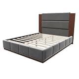 Upholstered Queen Platform Bedframe with Extended Wood Headboard, Grey