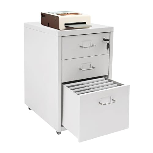 Kaichenyt File Cabinet 3-Tier Metal Solid Color Under Desk Storage Cabinet with Wheels Lockable Rolling Filing Cabinets Vertical Mobile Organizer Cabinets for Home Office (White)