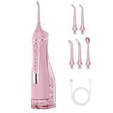Water Flosser for Teeth Cleaning: Cordless Portable Water Dental Pick, 4 Modes Rechargeable Oral Irrigator with 5 Nozzles, 300ML IPX7 Waterproof Electric Flossers for Braces, Travel & Home Use, Pink