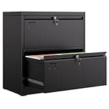 METAN 2 Drawer Lateral File Cabinet with Lock, Steel Wide Storage Cabinet for Legal/Letter/A4 Size, Heavy Duty Metal Filing Cabinet for Home Office, 28.3"H x 35.4"W x 17.7"D, Black, Assembly Required