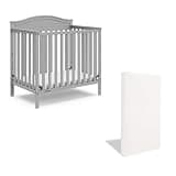 Pemberly Row Mini Convertible Crib, Pebble Gray Finish, New Zealand Pine Wood, 41.49" H x 40.67" W x 26.1" D, Includes 2.50" Foam Mattress, Adjustable Height, Compact Space-Saving Nursery Furniture