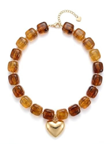 Eamom Chunky Square Bead Heart Necklace for Women, Boho Y2K Acrylic Marble Pattern Statement Necklace, Puff Heart Pendant Choker Jewelry for Women (Amber Brown)