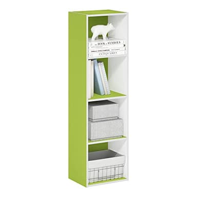 Furinno PASIR Book Shelf, 4-Tier Modern Bookshelf, Open Shelves Bookcase 9 x 12 x 42, Easy Assembly, for Living Room, Bedroom, Home Office, Green/White