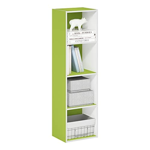Furinno PASIR Book Shelf, 4-Tier Modern Bookshelf, Open Shelves Bookcase 9 x 12 x 42, Easy Assembly, for Living Room, Bedroom, Home Office, Green/White