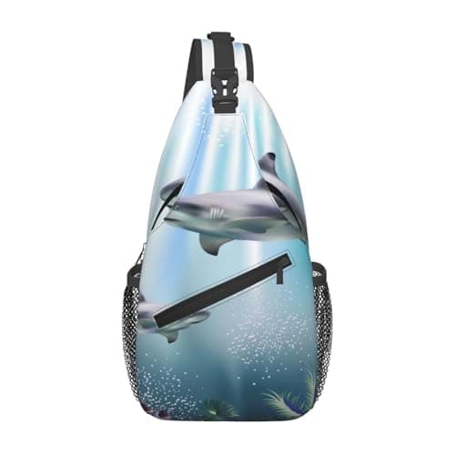 Realistic Illustration Wild Sharks And Plants Corals Seaweed Aquatic Ocean Life Men'S Crossbody Chest Bag, With Padded Strap, Large Capacity For Ipad Tablet Travel Work