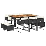 Kaorsrow 11 Piece Garden Dining Set, Rectangular Outdoor Rattan Furniture with Acacia Wood Tabletop, 6 Foldable Chairs and 4 Stools with Cushions for Patio and Backyard, Black and Cream
