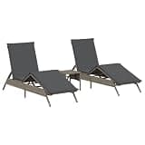 IBUQDDV Patio Sun Loungers 2 Pcs with Table, Adjustable Backrest Poly Rattan Outdoor Lounge Chairs with Thick Cushion, Gray