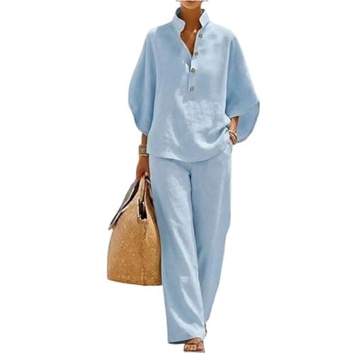 EEZCP Women's Batwing Sleeve Linen Cotton Two Piece Set Casual Shirt & Wide Leg Pants Outfit Women's Shirt Suit (Blue,L)