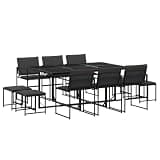 Kaorsrow 11 Piece Patio Dining Set, Outdoor Garden Furniture Set with 6 Chairs 4 Stools, Tempered Glass Top Table and Cushions, Space Saving Cube Design for Backyard and Deck, Black