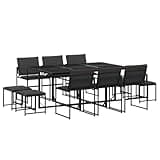 Kaorsrow 11 Piece Patio Dining Set, Outdoor Garden Furniture Set with 6 Chairs 4 Stools, Tempered Glass Top Table and Cushions, Space Saving Cube Design for Backyard and Deck, Black