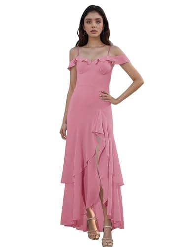 GEUOYEE Dusty Pink Off-The-Shoulder Chiffon Bridesmaid Dresses 2026 Ruffle Hem Wedding Guest Dress A-Line Sheath Formal Evening Gown US12