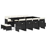 WRJENFSC 12 Seater Large Garden Dining Set, Black PE Rattan Outdoor Patio Furniture with Rectangular Tempered Glass Table, Foldable Chairs and Stackable Stools for Backyard or Terrace
