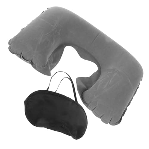 OUNONA Inflatable Travel Neck Pillow, Eye Mask, and Set, Gray Airplane Sleep Pillow for Flying and Train, Portable Outdoor Travel Comfort Kit