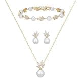 SWEETV Gold Bridal Jewelry Set for Wedding, Cubic Zirconia Pearl Floral Bridal Earrings Necklace Bracelet Set, Formal Prom Jewelry Set for Women