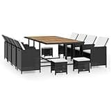 KGHFDVB 13 Piece Patio Dining Set with 1 Table, 8 Chairs, 4 Stools, 20 Cushions, Poly Rattan and Acacia Wood Black