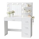 YESHOMY Vanity Desk with Mirror & Lights, Makeup Vanity with Power Outlet and 4 Drawers & Storage Shelves, 3 Color Modes & Adjustable Brightness, Dressing Table, Bedroom(Clean White)
