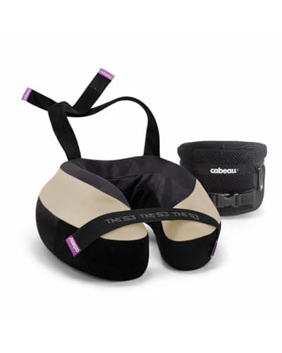 Cabeau TNE S3 Deluxe Luxury Travel Neck Pillow for Airplanes with Patented Seat Strap and Head Hold Technology (Tan)