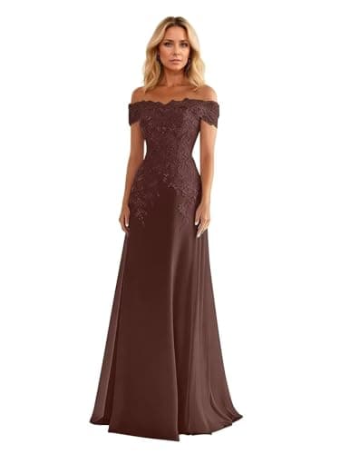 Lace Applique Mother of The Bride Dresses for Wedding Off Shoulder Long Classy Mother of The Groom Dress Brown Chiffon Formal Dresses for Women Wedding Guest US14