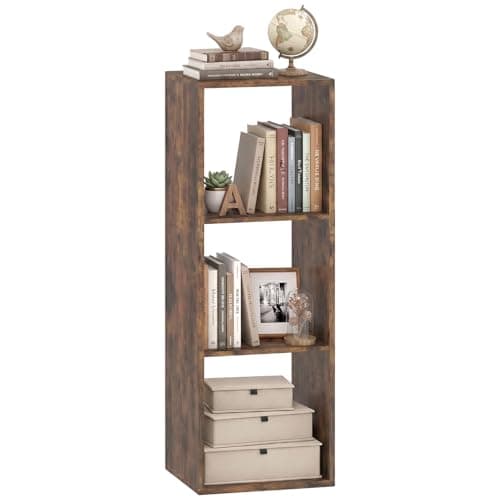 POWERSTONE 3 Cube Storage Organizer, 3 Tier Cubby Bookshelf Freestanding Bookcase w/Back Guardrail, Open Back Display Rack for Living Room, Bedroom, Study, Rustic Brown