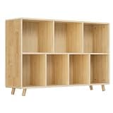 Purpleline Suite 2-Tier Wooden Bookcase, 7-Cube Open Bookshelf with Legs, Natural Wood, 45.4 x 11.7 x 28.9 in