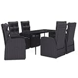 WEHUOSIF 7-Piece Garden Dining Set with Black PE Rattan and Powder-Coated Steel Frame, Rectangular Glass Top Table and Six Cushioned Chairs with Adjustable Backrests for Outdoor Patio