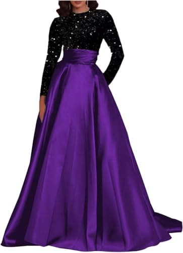 vintys Glitter Long Sleeve Sequin Prom Dresses for Teens Sequin Formal Evening Dress with Pockets Satin Party Dress Ball Gown Round Neck Black Purple 12