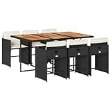 Kaorsrow 7 Piece Patio Dining Set, Outdoor PE Rattan Furniture with Solid Acacia Wood Tabletop and 6 Cushioned Chairs, Space Saving Cube Design for Backyard Garden and Deck, Black and Brown