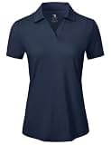 BGOWATU Women's Short Sleeve Golf Tennis Polo Shirts V Neck Collared Workout Tops UV Protection Dry Fit for Summer Navy L