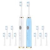 Dnil 2 Pack Electric Toothbrush for Adults and Kids, Travel Toothbrush Includes 10 Replacement Toothbrush Heads, 5 Modes with 2 MIN Smart Timer (Blue White)