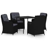 TUERYAFEK 5 Piece Black Patio Dining Set with Steel Frame, PE Rattan Chairs, Glass Tabletop, and Removable Cushions for Outdoor Use