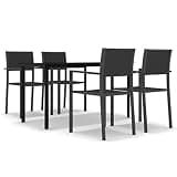 WDSAYREH 5 Piece Patio Dining Set Black with Glass Tabletop and Rattan Look Chairs, Powder-Coated Steel Frame Outdoor Dining Set for Garden, Balcony, Patio