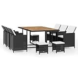KGHFDVB 11 Piece Patio Dining Set with Cushions, Poly Rattan and Acacia Wood Dining Set for Outdoor Garden, Includes 1 Table, 6 Chairs, 4 Stools, 16 Cushions