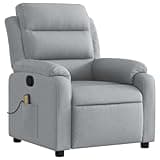 GKHPYURE Manual Recliner Chair with Massage, Light Grey Fabric Thick Padded Seat, 6 Vibration Points, Side Pocket, Wood and Metal Frame, 135 Degree Tilt