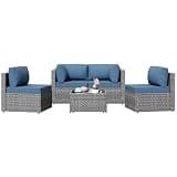 Patio Furniture Sets, 5 Piece Outdoor Sectional Sofas, Wicker Rattan Outdoor Furniture Patio Conversation Set, All-Weather PE Rattan Outdoor Couch for Backyard, Garden, Gray & Aegean Blue