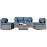 Patio Furniture Sets, 5 Piece Outdoor Sectional Sofas, Wicker Rattan Outdoor Furniture Patio Conversation Set, All-Weather PE Rattan Outdoor Couch for Backyard, Garden, Gray & Aegean Blue