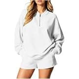 Beessbest Sweatshirt for Women 1/4 Zip Neck Oversize Pullover White