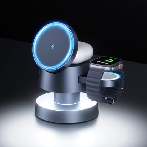 Kcuskl 4 in 1 Magnetic Wireless Charging Station,15W Fast Charging with Adjustable Night Light for MagSafe Charger Stand,3 in 1 Wireless Charger for iPhone 17/16/15/14/13 Pro Max,Apple Watch & AirPods