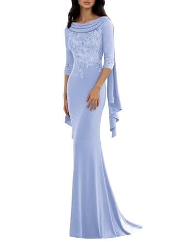 Chiffon Mermaid Mother of the Bride Dress with Scarf Jewel Neck Mother of the Groom Dresses 3/4 Sleeves Wedding Guest Gown Bluish-Violet