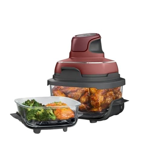 Portable Glass Air Fryer 4Qt & 5Cup Containers, 3-in-1 Cooking System, Dishwasher Safe, Non-Toxic, 1500W (Red)