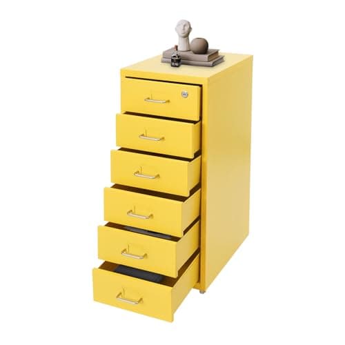 OUGWFYANG 6 Drawer Cabinet with Lock & Keys, 11x16x27inch Metal Vertical File Cabinet with Wheels, Under Desk Storage Cabinet for Home Office, Fit for Letter/Legal/A4/F4 Size File (Yellow, 6-Drawer)